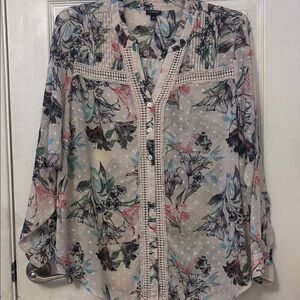 Torrid Floral Lace-Trim Blouse - Cream and Pink